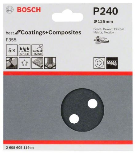 BOSCH Papel de lija F355, paquete de 5 125 mm, 240 2608605119