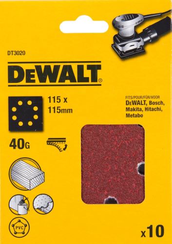 Papel de lija DeWALT 115 x 115 mm, P320, velcro (10 uds) DT3026