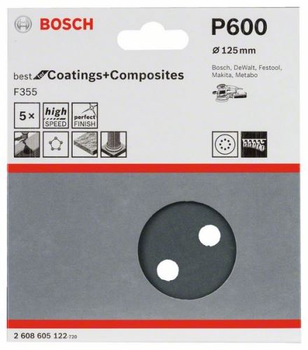 BOSCH Papel de lija F355, paquete de 5 125 mm, 600 2608605122