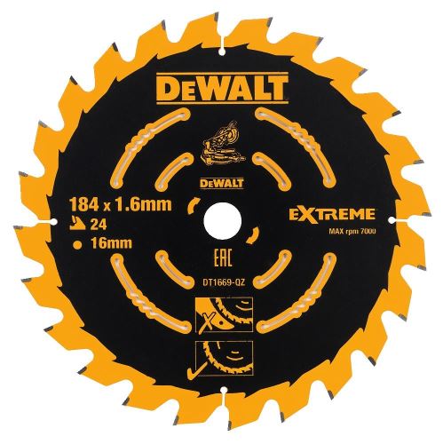 Hoja de sierra DeWALT EXTREME para sierras circulares inalámbricas, 184 x 16 mm, 24 dientes DT1669