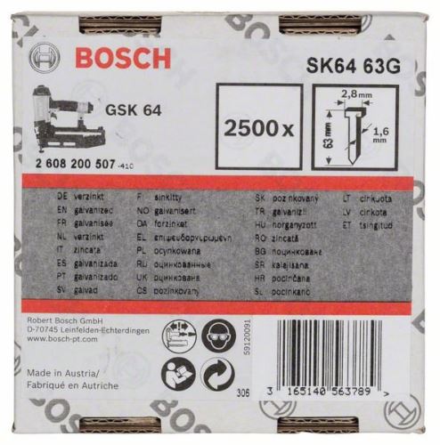 BOSCH Clavo cabeza avellanada SK64 63G 1,6 mm, 63 mm, galvanizado (2500 uds) 2608200507