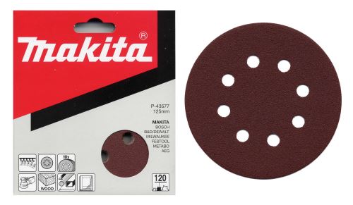 MAKITA papel de lija Velcro 125 mm 8 agujeros K40, 10 piezas P-43533