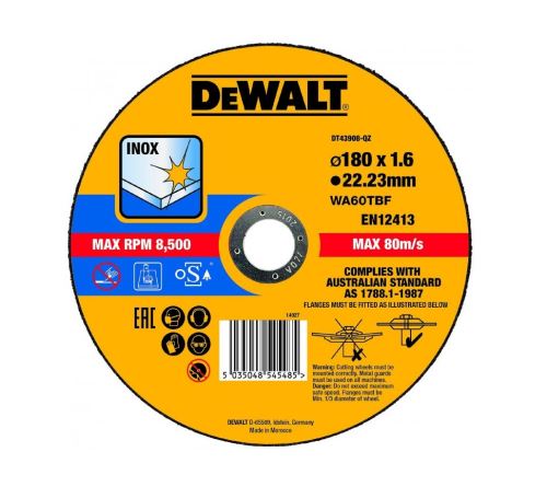 DeWALT Disco de corte para acero inoxidable (Tipo 1) 180 x 22,2 x 1,6 mm DT43908