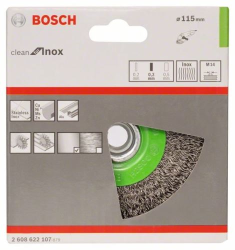 BOSCH Cepillo de alambre circular, alambre ondulado, 115, acero inoxidable 115 mm, 0,3 mm, M14 2608622107