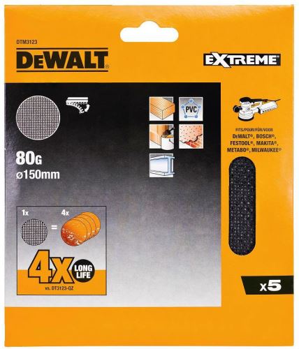 Malla de lijado DeWALT, Velcro, 150 mm, P80 (5 uds) DTM3123