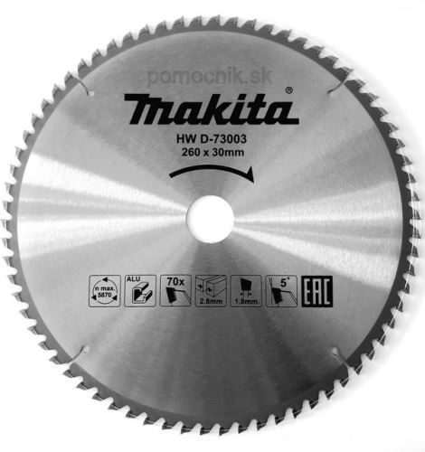 MAKITA hoja de sierra aluminio TCT 260x2,8x30 mm 70 dientes D-73003