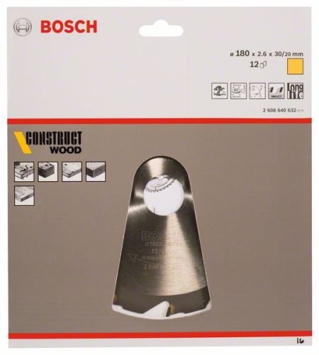 BOSCH Hoja de sierra Construct Wood 180 x 30/20 x 2,6 mm; 12 2608640632