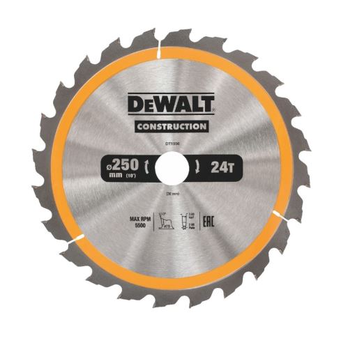 Hoja de sierra DeWALT (ideal para sierras FLEXVOLT) ATB 10°, 250 x 30 mm, 24 dientes DT1956