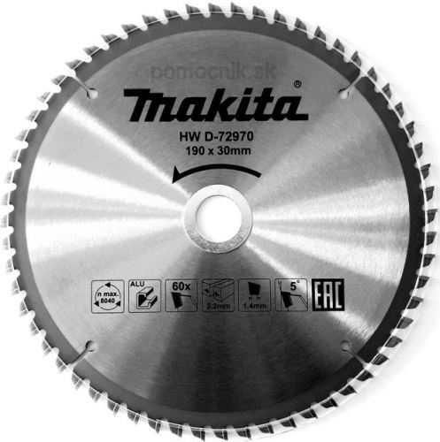 MAKITA hoja de sierra aluminio TCT 190x2,2x30 mm 60 dientes D-72970