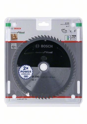 BOSCH Hoja de sierra para sierras inalámbricas; Estándar para Madera 190x30/20x1.6/1.1x60T 2608837711