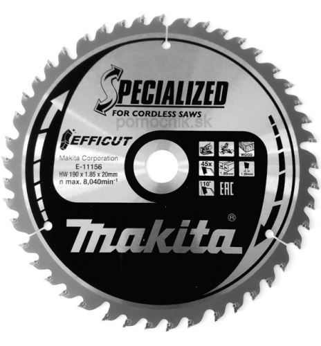 Hoja de sierra para madera MAKITA Efficut 190x1,85x20 mm 45 dientes E-11156