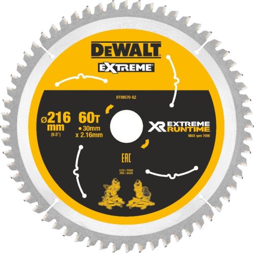 Hoja de sierra DeWALT (ideal para sierras FLEXVOLT), 216 x 30 mm, 60 dientes DT99570