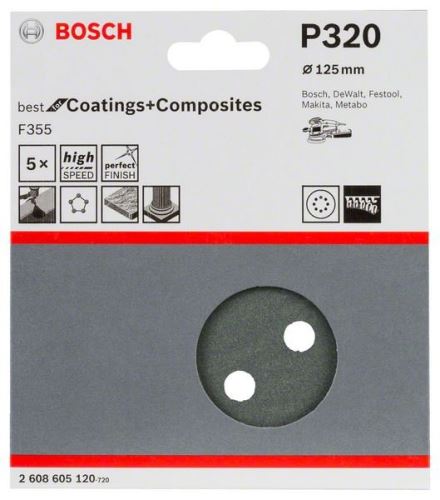 BOSCH Papel de lija F355, paquete de 5 125 mm, 320 2608605120