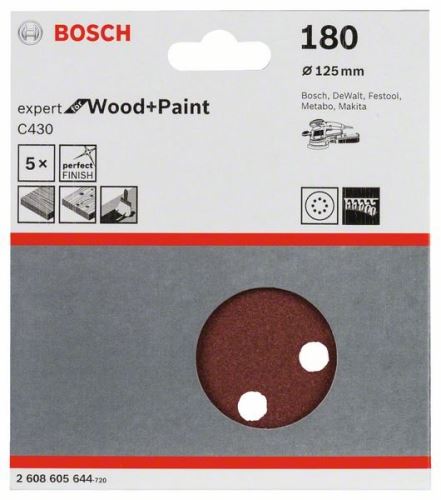 BOSCH Papel de lija C430, paquete de 5 unidades 125 mm, 180 2608605644