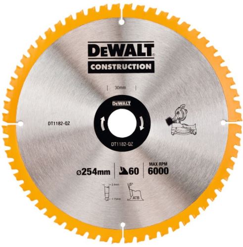 Hoja de sierra ingletadora DeWALT CONSTRUCTION con clavos, 254 x 30 mm, 60 dientes DT1182