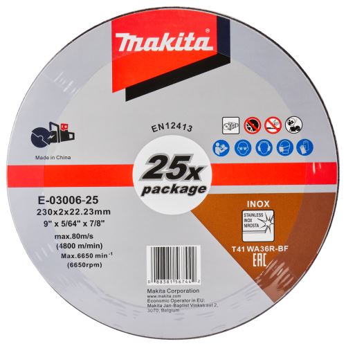 Disco de corte de acero inoxidable MAKITA 230x2,0x22,23 mm, 25 piezas E-03006-25