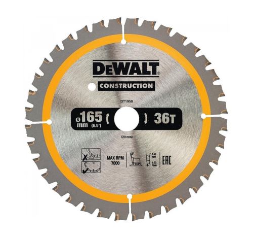 DeWALT Hoja de sierra para madera, 165 x 20 mm, 40 dientes, FTOP 3°, ancho de hoja 1 mm DT1950