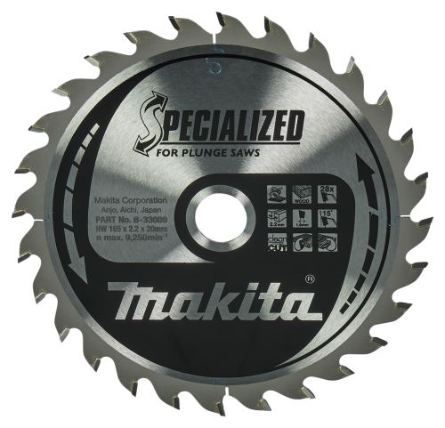 Hoja de sierra para madera MAKITA SPECIALIZED 165x2,2x20 mm 28 dientes para sierras de inmersión B-33009