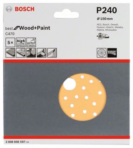 BOSCH Papeles de lija C470 para lijadoras excéntricas, Best for Wood and Paint, diámetro 150 mm, 240 multiperforación (5 uds) 2608608X87