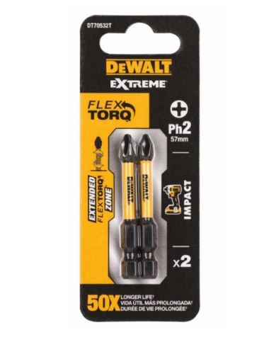 DeWALT Punta de destornillador de torsión 57 mm, PH2, EXTREME (2 piezas) DT70532T