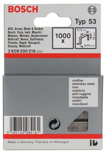 BOSCH Grapas para grapadora de alambre fino, tipo 53, acero inoxidable Tipo 53; L = 10 mm (1000 uds) 2609200216