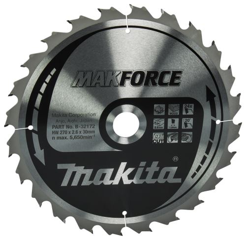 MAKITA Hoja de sierra para madera MAKFORCE 270x2,6x30 mm 24 dientes B-32172