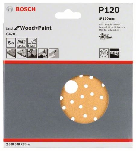 BOSCH Papeles de lija C470 para lijadoras excéntricas, Best for Wood and Paint, diámetro 150 mm, 120 multiperforaciones (5 uds) 2608608X85