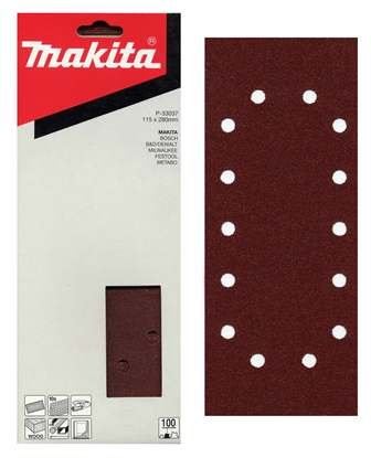 Papel de lija MAKITA 115x280 mm 14 agujeros K150, 10 piezas P-33059