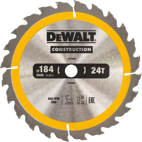 Hoja de sierra DeWALT 184 x 16 mm, 24 dientes, corte longitudinal DT1939