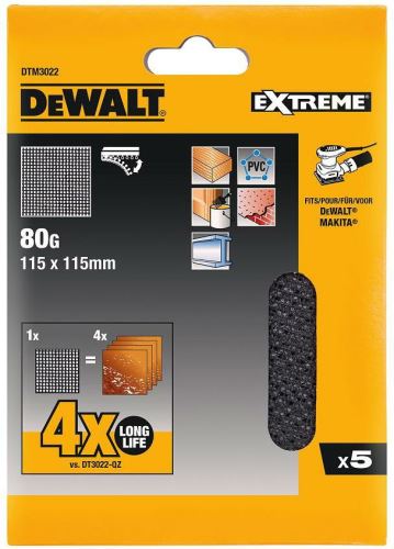 DeWALT Malla de lijado, Velcro, 115 x 115 mm, P80 (5 uds) DTM3022