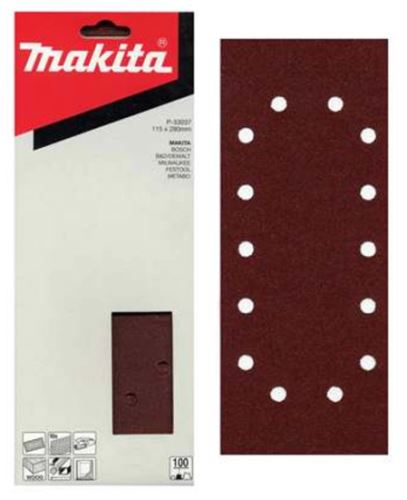 Papel de lija MAKITA 115x280 mm 14 agujeros K80, 10 piezas P-33021