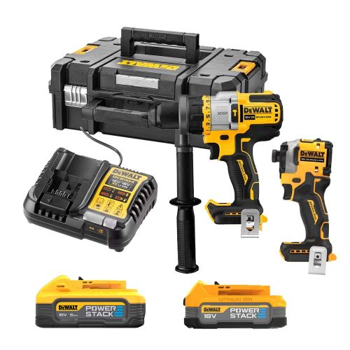 Kit de 2 piezas sin escobillas Dewalt XR de 18 V, 1 batería Powerstack de 5,0 Ah, 1 batería Powerstack compacta de 1,7 Ah, cargador TSTAK II y estuche DCK2052H1E1T