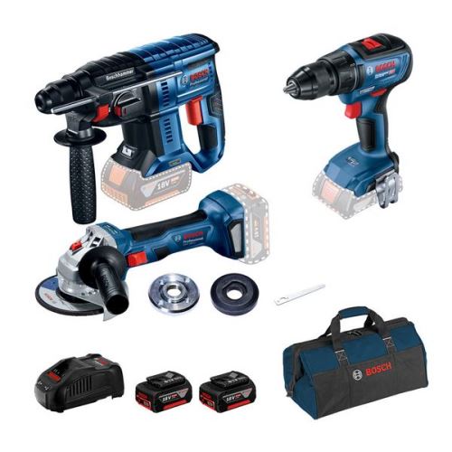 Conjunto Bosch Professional: GBH 180-LI + GSR 18V-50 + GWS 180-LI + 2× GBA 18V 5,0Ah + 0615990M32