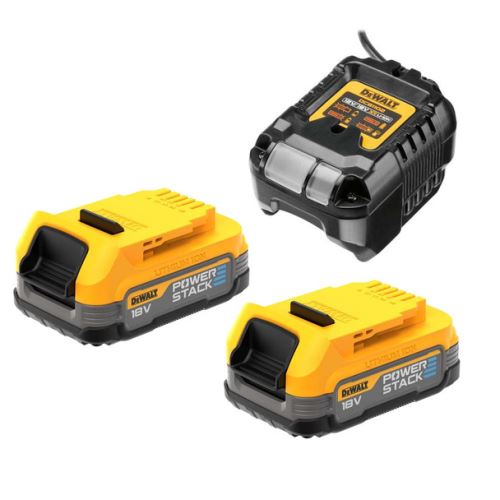 Kit de inicio Dewalt XR de 18 V con 2 baterías compactas y cargador Powerstack DCB1102E2