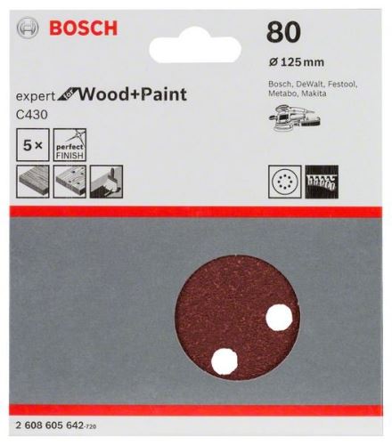 BOSCH Papel de lija C430, paquete de 5 125 mm, 80 2608605642