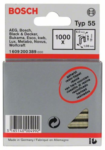 Grapadora estrecha BOSCH, tipo 55, laminada 6 x 1,08 x 19 mm (1000 uds) 1609200389