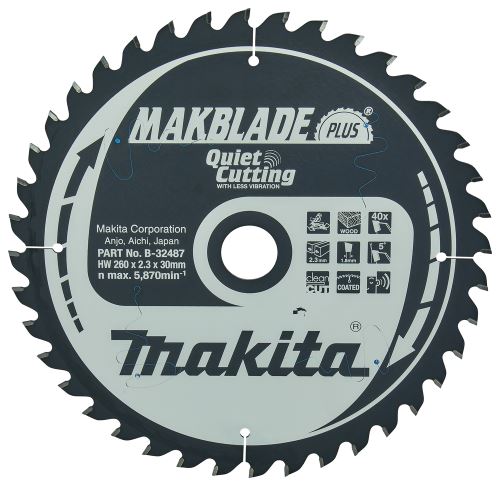 MAKITA Hoja de sierra para madera MAKBLADEplus 260x2.3x30mm 40Z B-32487