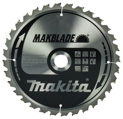 Hoja de sierra para madera MAKITA MAKBLADE 260x2,3x30 mm 32 dientes B-32736