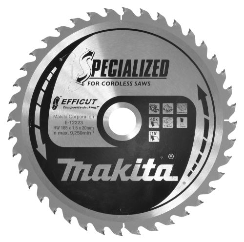 MAKITA Hoja de sierra para madera compuesta Efficut 165x1,5x20 mm 40 dientes E-12223