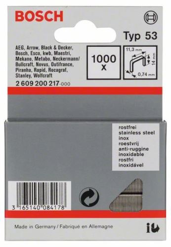 BOSCH Grapas para grapadora de alambre fino, tipo 53, acero inoxidable Tipo 53; L = 14 mm (1000 uds) 2609200217