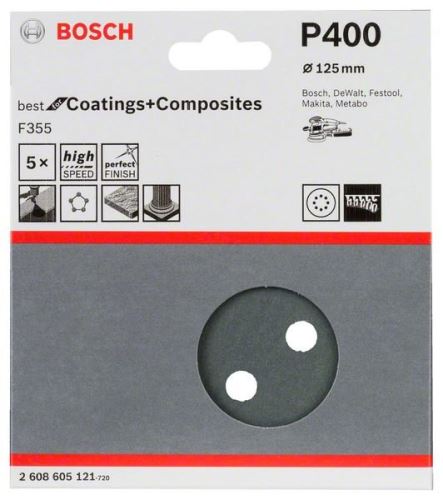 BOSCH Papel de lija F355, paquete de 5 125 mm, 400 2608605121