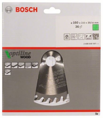 BOSCH Hoja de sierra Optiline Madera 160 x 20/16 x 2,6 mm, 36 2608640597