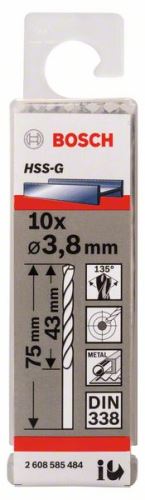 BOSCH Brocas para metal HSS-G, DIN 338 3,8 x 43 x 75 mm (10 uds) 2608585484